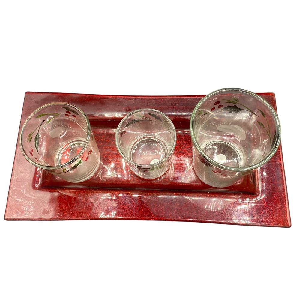 Christmas Pfaltzgraff Winterberry Votive Garden Candle Holders & Tray Set of 3 - Picture 3 of 5